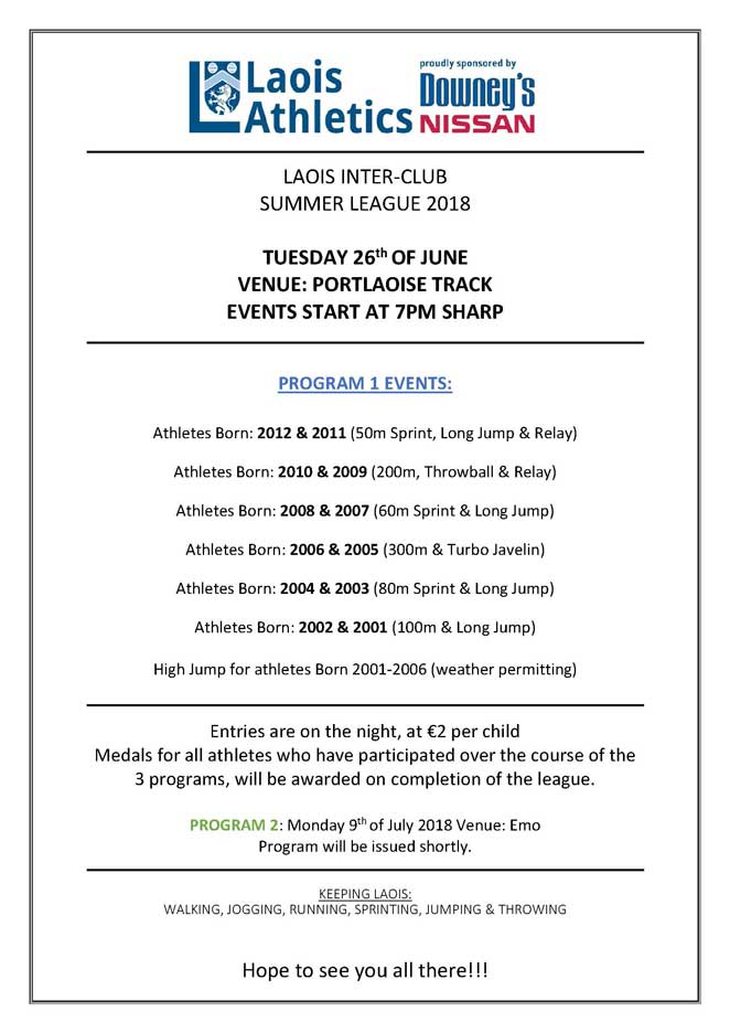 2018 LAOIS INTERCLUB SUMMER LEAGUE PROGRAM 1 Portlaoise