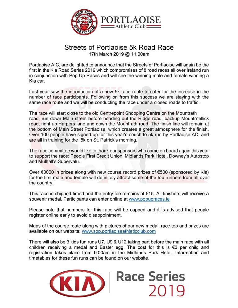 Streets of Portlaoise 5k Press Release 2019 Page 1 low res